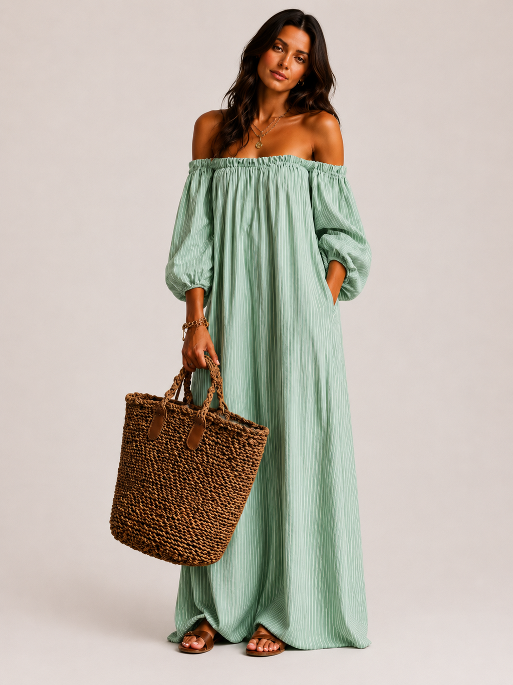 ELENA | VESTIDO LARGO FLUIDO CON HOMBROS DESCUBIERTOS