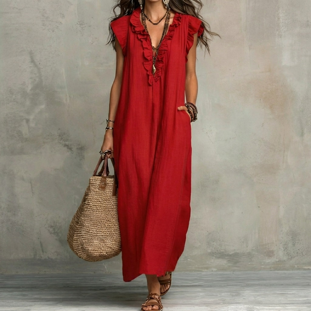 Josefina™  | Vestido largo con textura de lino con escote en pico y volantes