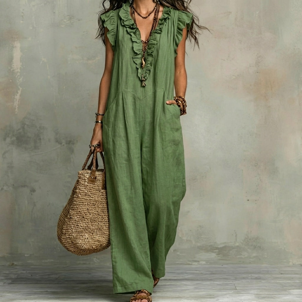 Josefina™  | Vestido largo con textura de lino con escote en pico y volantes