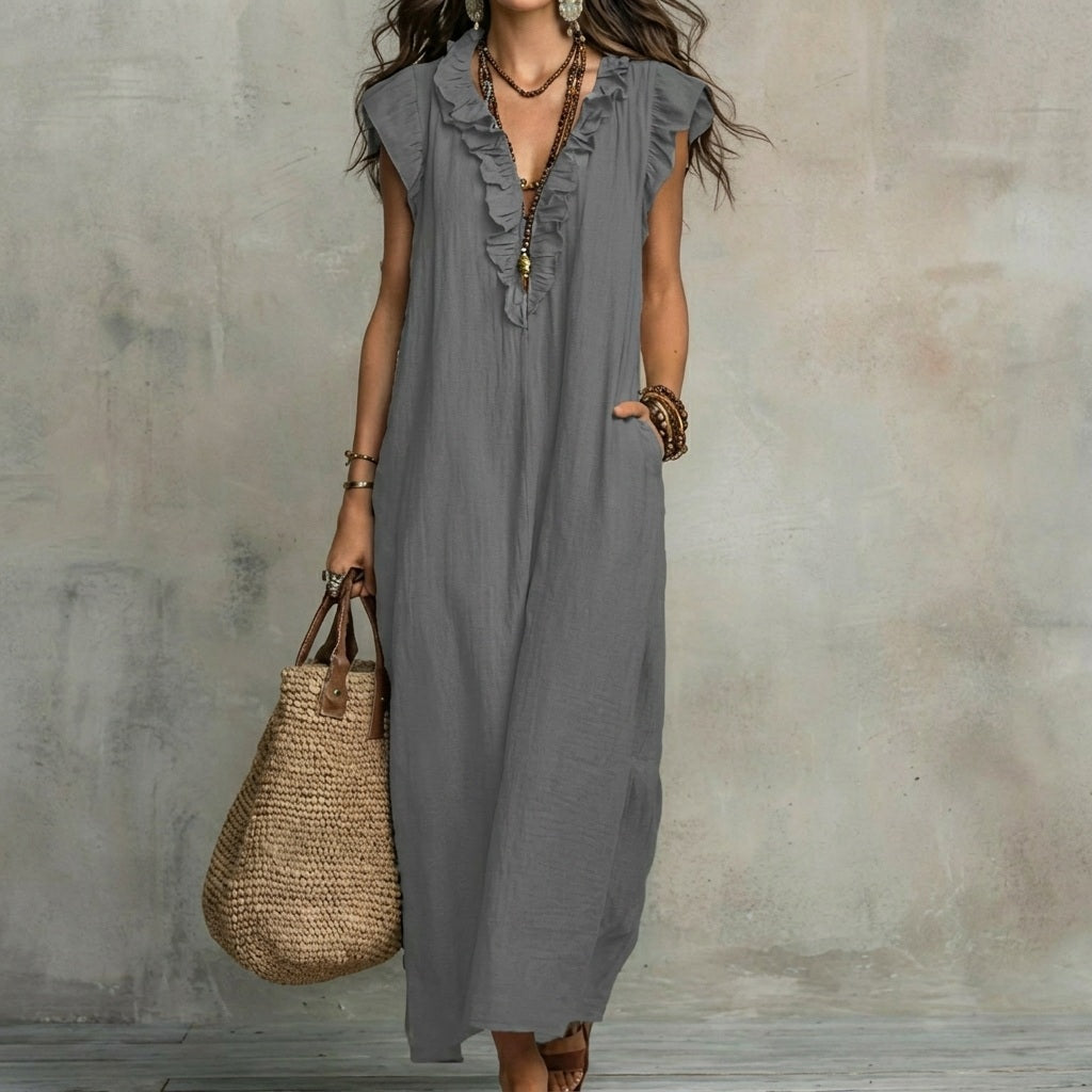 Josefina™  | Vestido largo con textura de lino con escote en pico y volantes