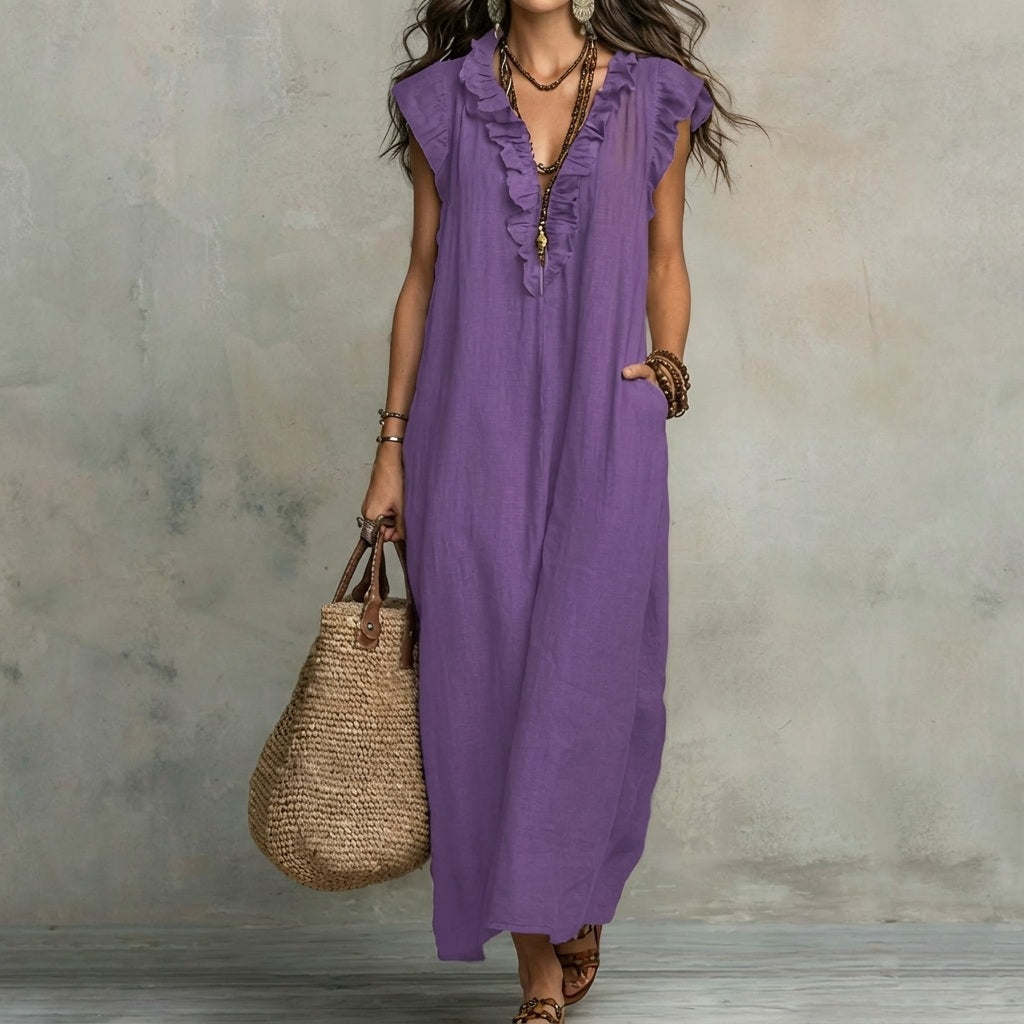 Josefina™  | Vestido largo con textura de lino con escote en pico y volantes