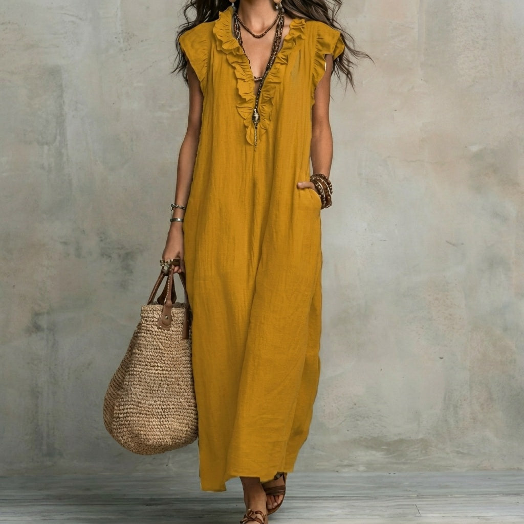 Josefina™  | Vestido largo con textura de lino con escote en pico y volantes