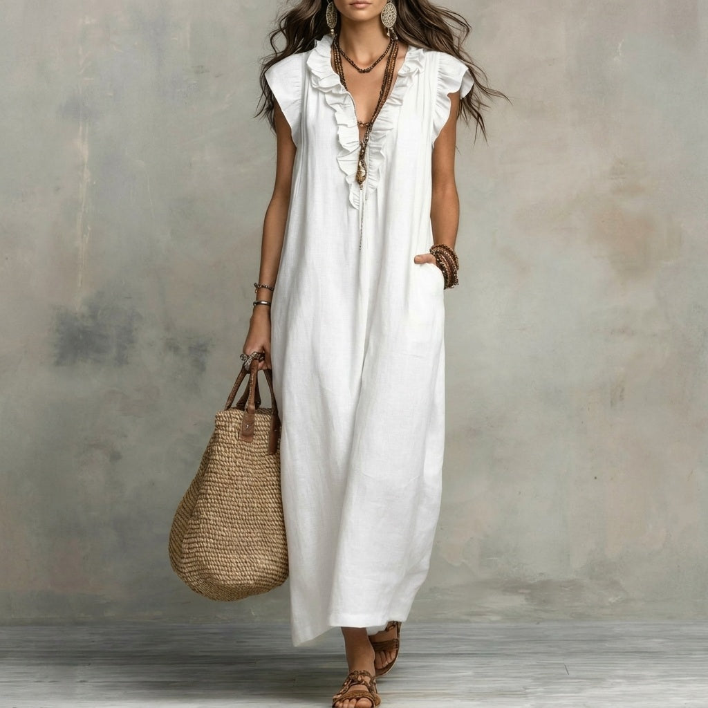 Josefina™  | Vestido largo con textura de lino con escote en pico y volantes