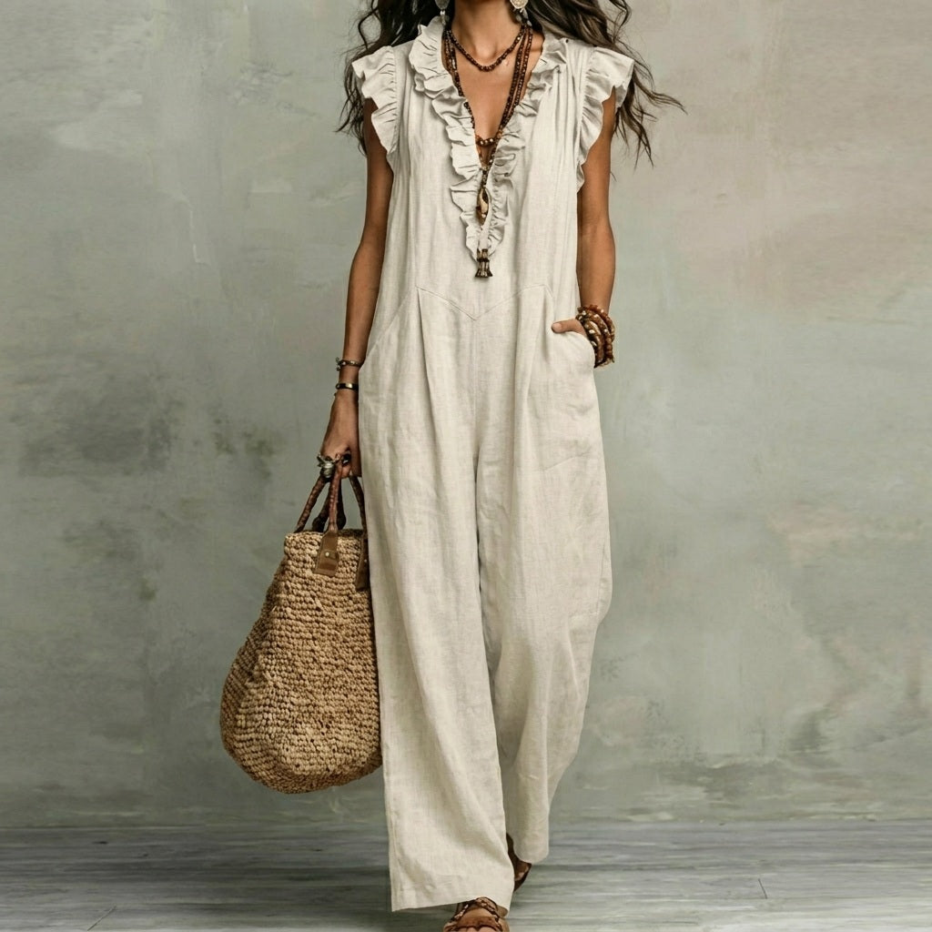 Josefina™  | Vestido largo con textura de lino con escote en pico y volantes