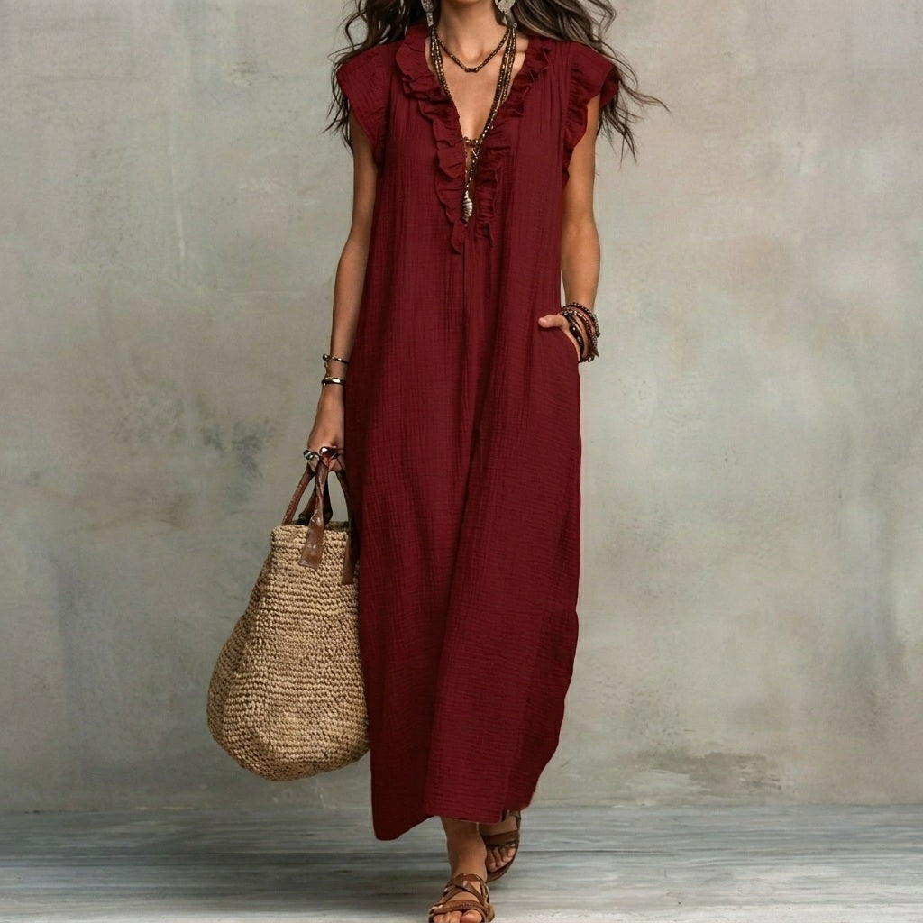 Josefina™  | Vestido largo con textura de lino con escote en pico y volantes