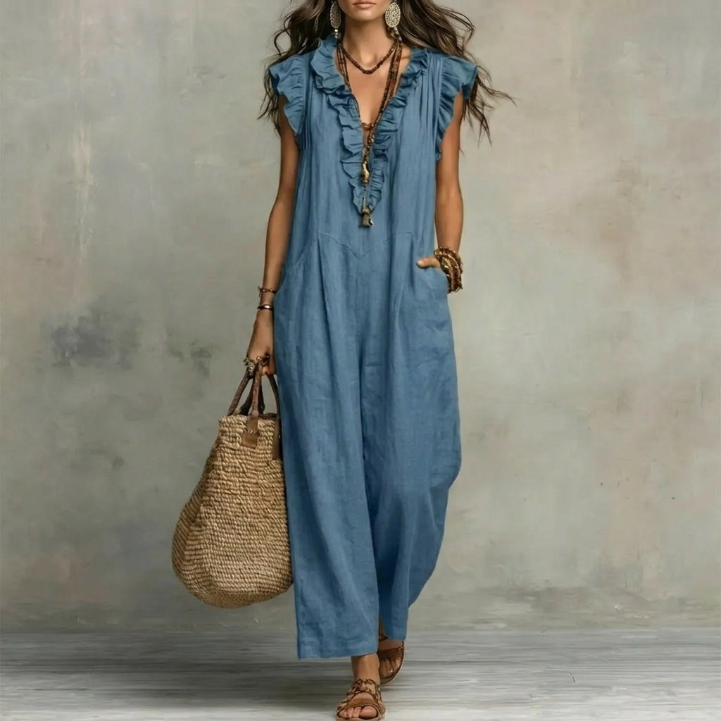 Josefina™  | Vestido largo con textura de lino con escote en pico y volantes